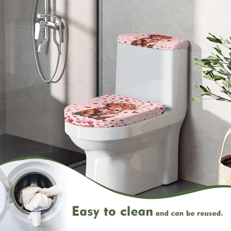 CREAMIC Loving Highland Cattle Toilet Lid Covers and Tank Cover Set Soft Plush Toilet Seat Cover Protector Stretch Washable Lid Dust Covers for Bathroom Decoration Accessories for Valentine's Day - Image 4